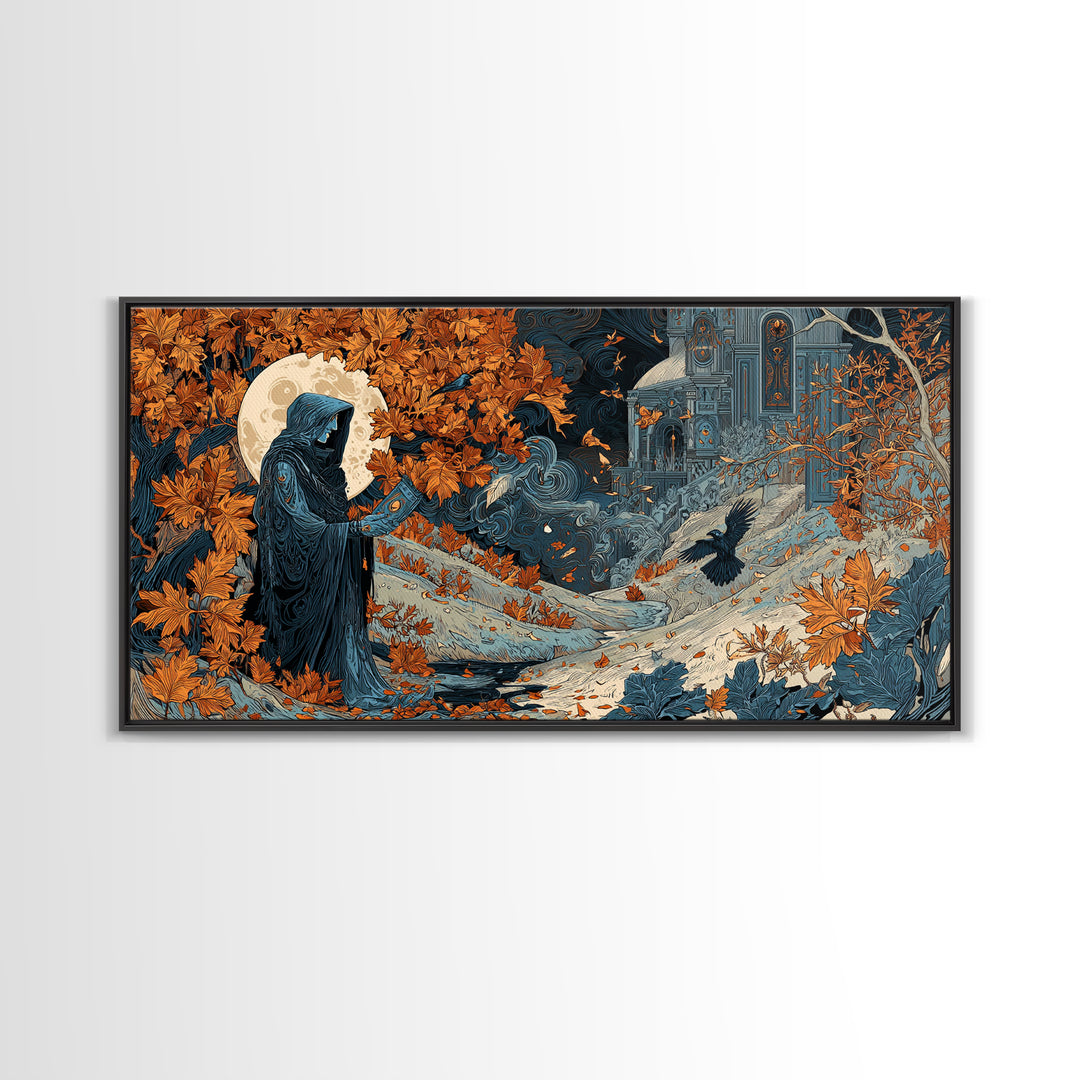 The Harvest Moon Tarot Reader - Environmental Panorama, Dark Fantasy Wall Art, Wide Panoramic Art, Canvas Print, Halloween Home Decor