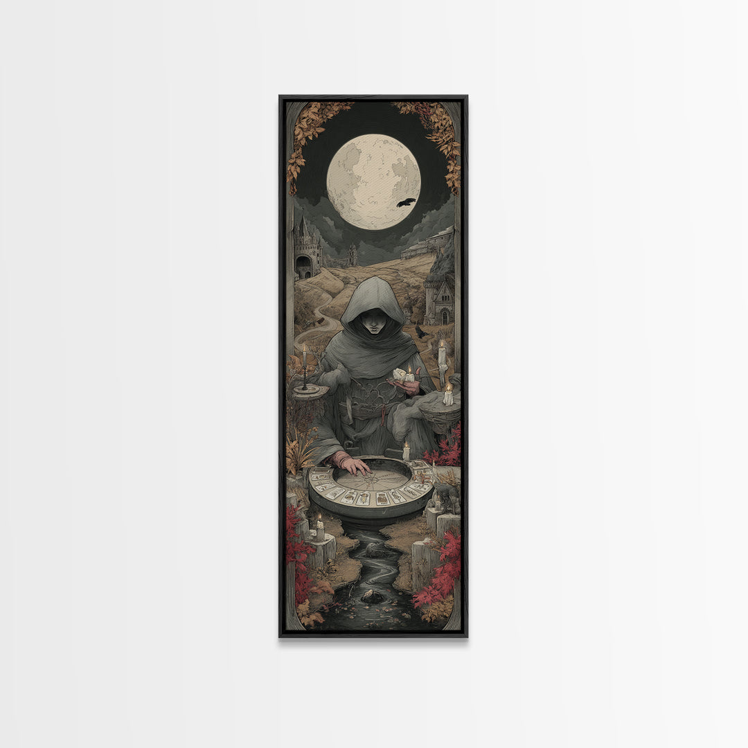 The Harvest Moon Tarot Reader - Environmental Panorama, Dark Fantasy Wall Art, Tall Narrow Wall Art, Canvas Print, Halloween Home Decor