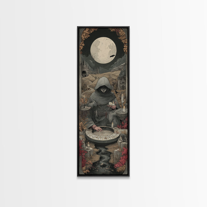 The Harvest Moon Tarot Reader - Environmental Panorama, Dark Fantasy Wall Art, Tall Narrow Wall Art, Canvas Print, Halloween Home Decor