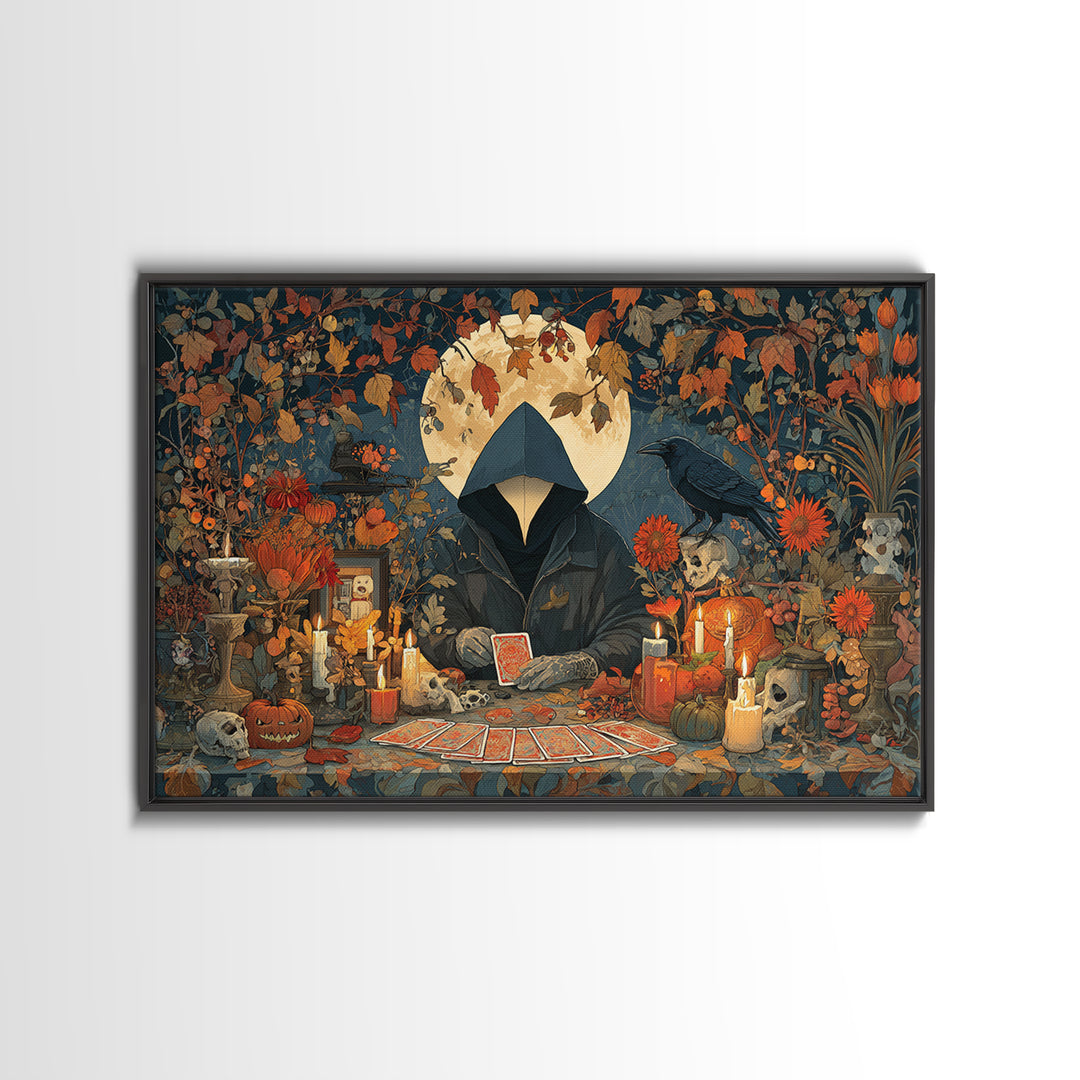 The Harvest Moon Tarot Reader - Occult Still Life, Occult Wall Decor, Landscape Wall Art, Canvas Print, Halloween Home Decor