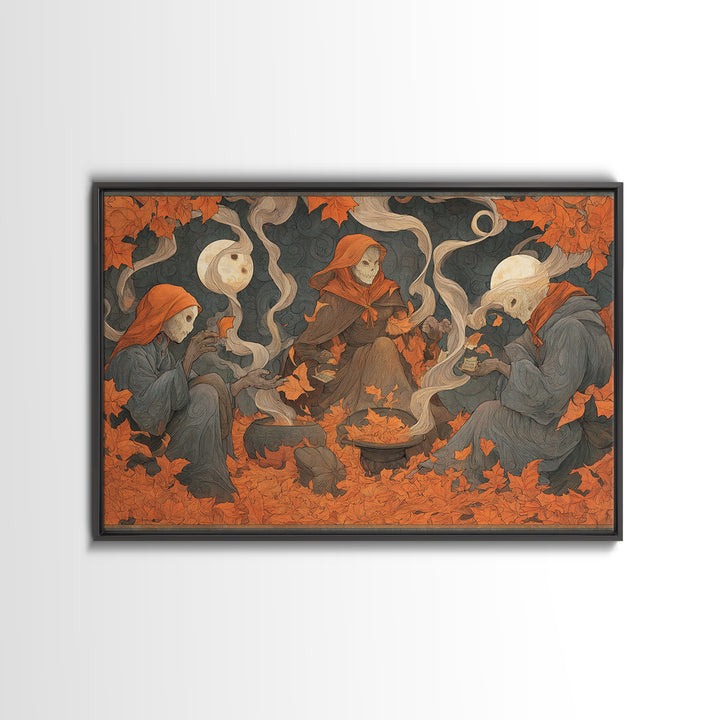 The Harvest Moon Tarot Reader - Procession Scene, Halloween Wall Art, Landscape Wall Art, Framed Canvas Print, Halloween Home Decor