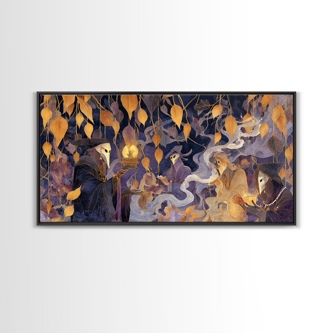The Harvest Moon Tarot Reader - Procession Scene, Dark Fantasy Wall Art, Wide Panoramic Art, Canvas Print, Halloween Home Decor