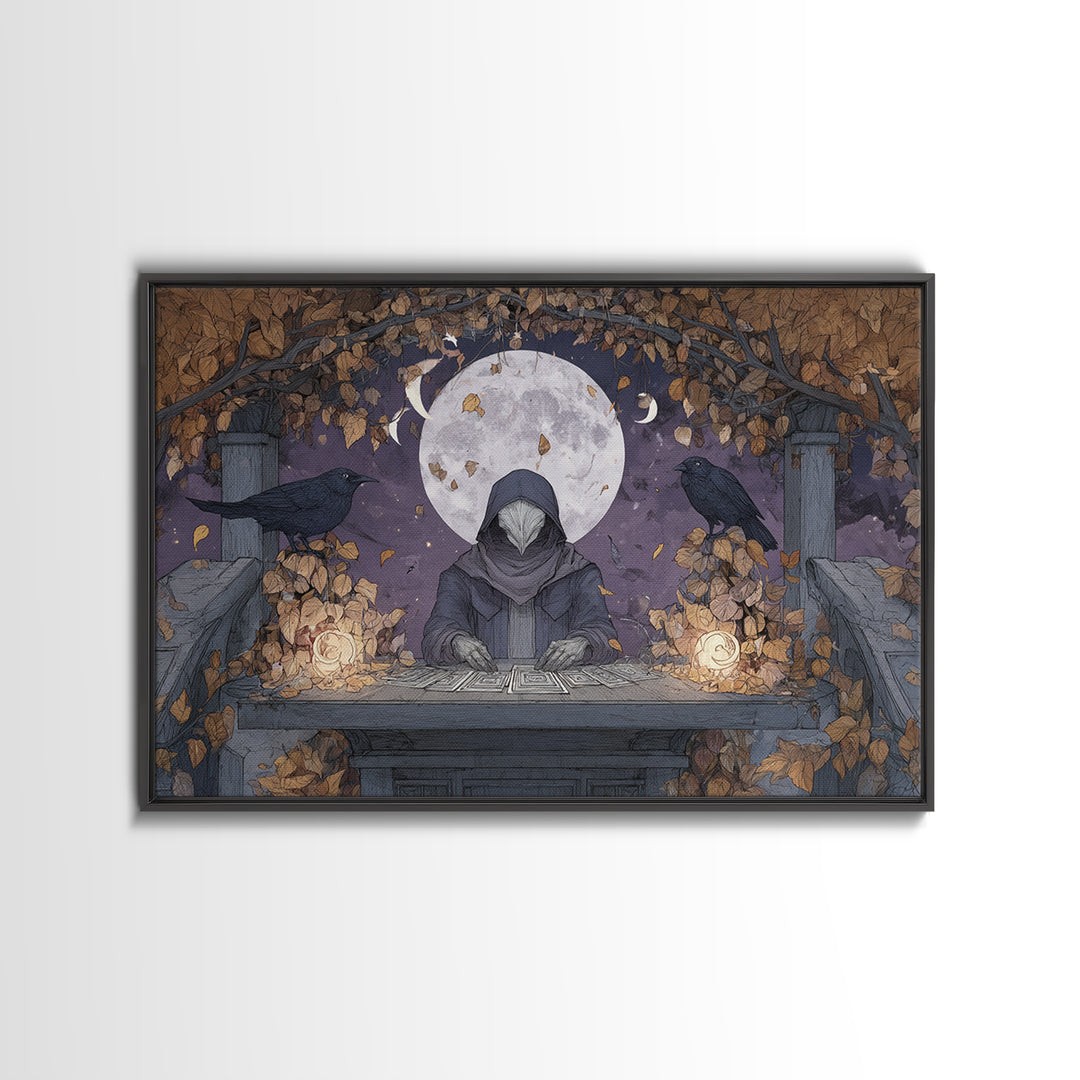 The Harvest Moon Tarot Reader - Surreal Celestial Vision, Occult Wall Decor, Landscape Wall Art, Canvas Print, Halloween Home Decor