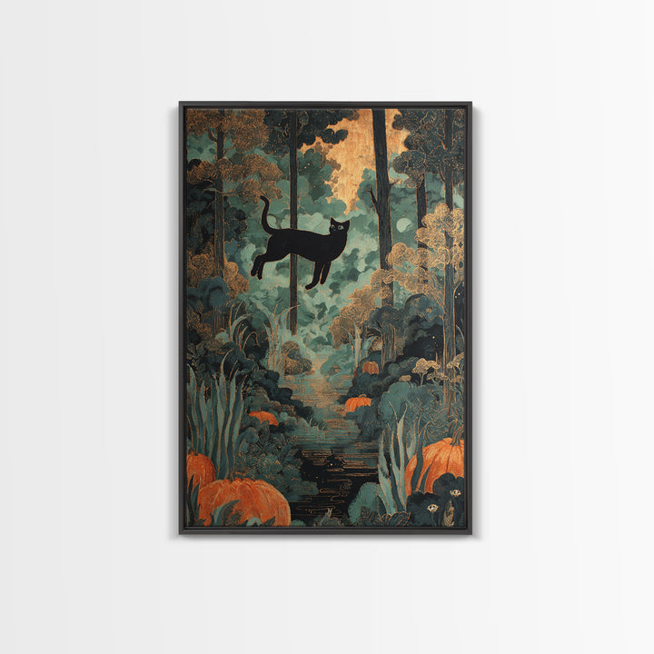 The Black Cat Constellation - Icon Portrait, Macabre Halloween Art, Vertical Wall Art, Framed Canvas Print, Halloween Home Decor