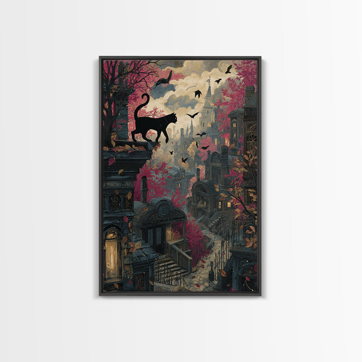 The Black Cat Constellation - Environmental Panorama, Macabre Halloween Art, Vertical Wall Art, Framed Canvas Print, Halloween Home Decor
