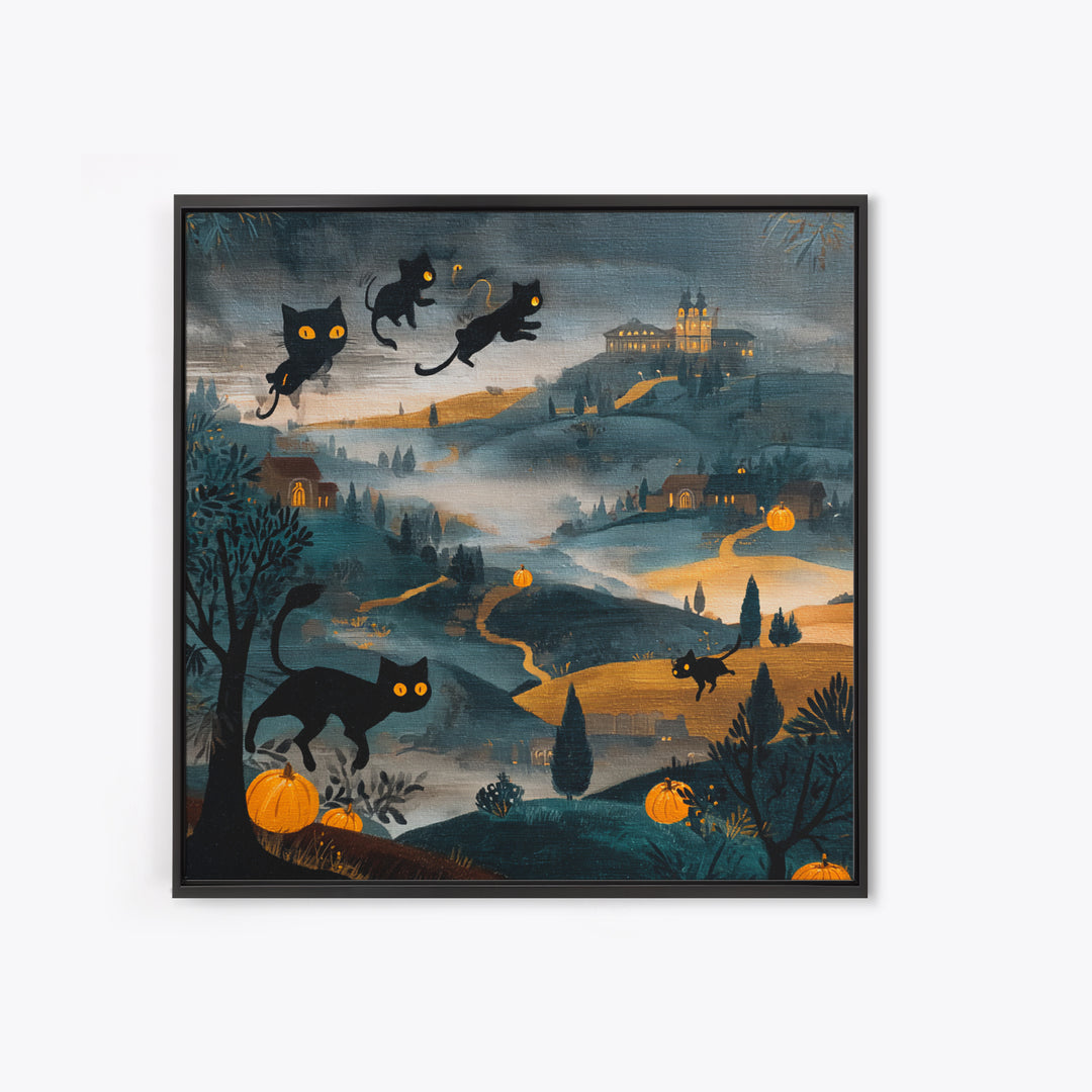The Black Cat Constellation - Environmental Panorama, Halloween Wall Art, Square Wall Art, Framed Canvas Print, Halloween Home Decor
