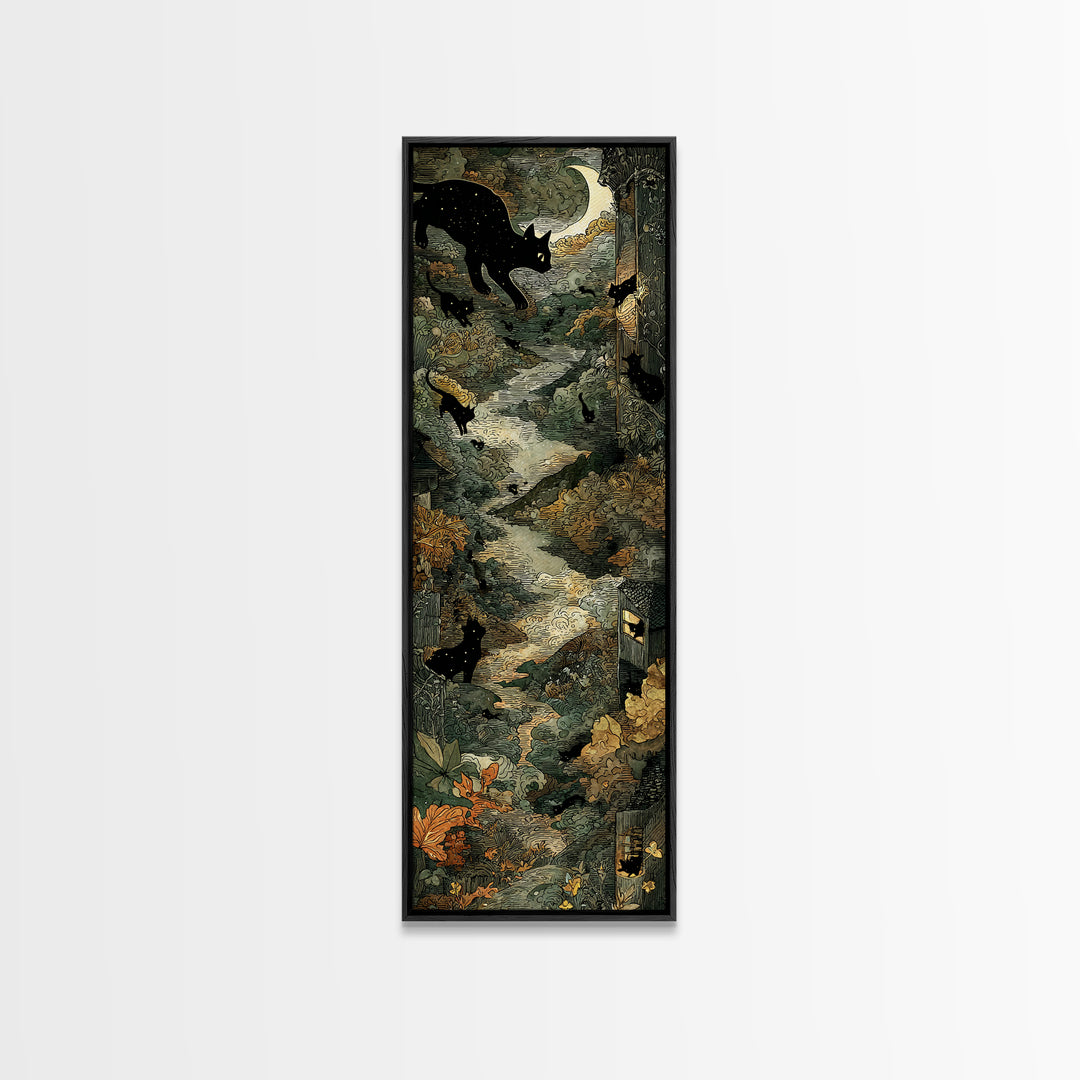 The Black Cat Constellation - Environmental Panorama, Macabre Halloween Art, Tall Narrow Wall Art, Framed Canvas Print, Halloween Home Decor