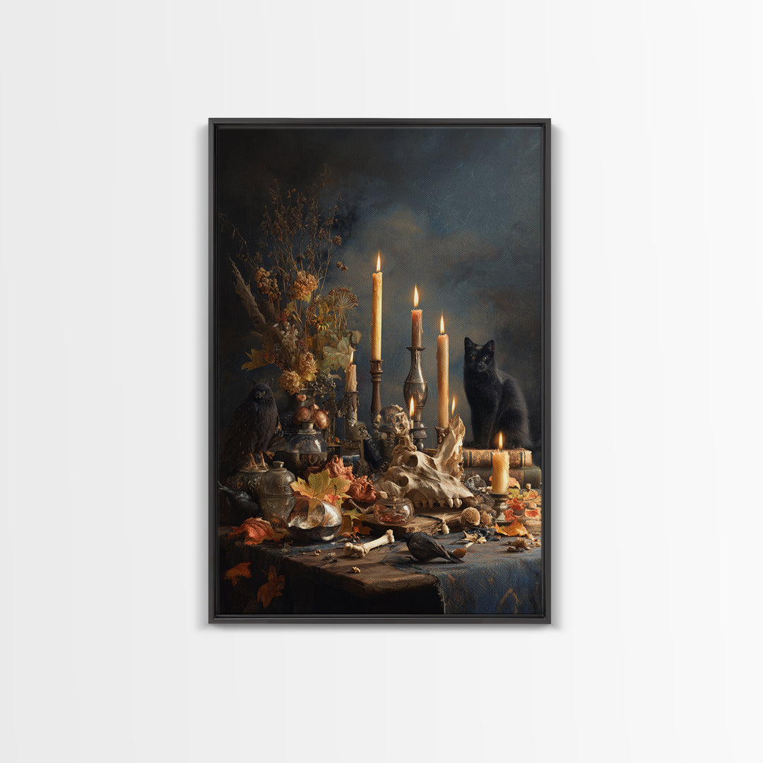 The Black Cat Constellation - Occult Still Life, Spooky Wall Decor, Vertical Wall Art, Framed Canvas Print, Halloween Home Decor