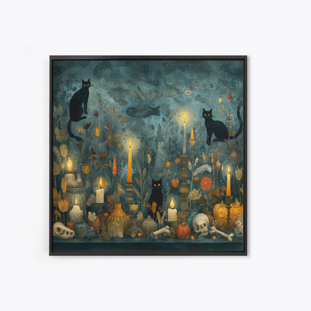 The Black Cat Constellation - Occult Still Life, Occult Wall Decor, Square Wall Art, Canvas Print, Halloween Home Decor, Gothic Wall Art