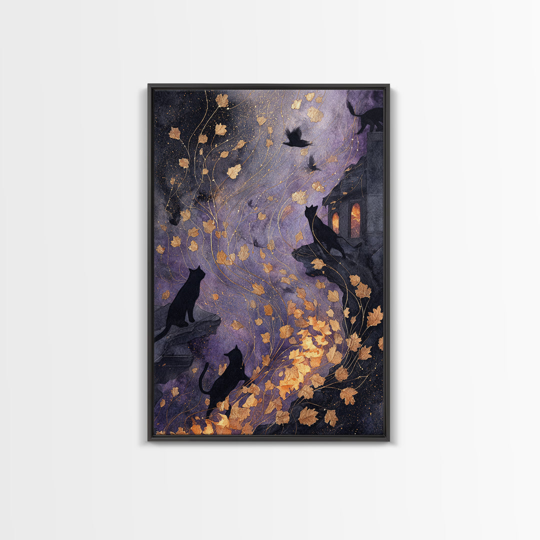 The Black Cat Constellation - Procession Scene, Halloween Wall Art, Vertical Wall Art, Framed Canvas Print, Halloween Home Decor
