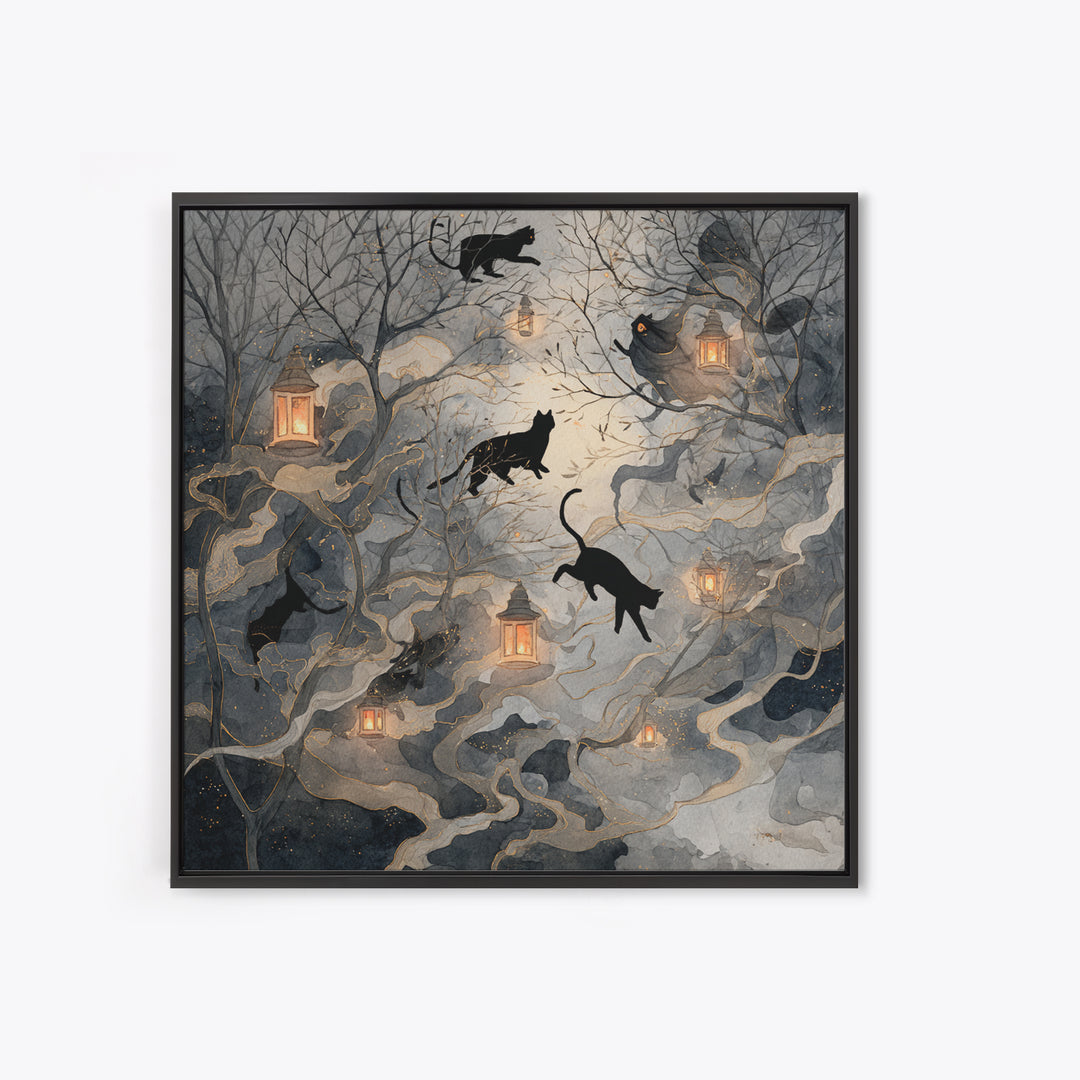 The Black Cat Constellation - Procession Scene, Macabre Halloween Art, Square Wall Art, Framed Canvas Print, Halloween Home Decor