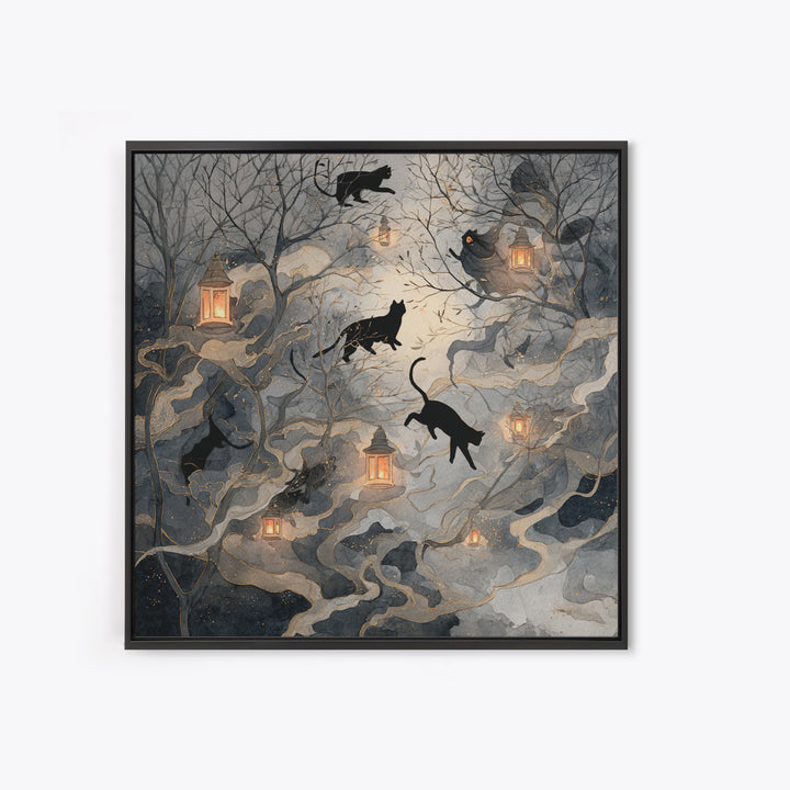 The Black Cat Constellation - Procession Scene, Macabre Halloween Art, Square Wall Art, Framed Canvas Print, Halloween Home Decor