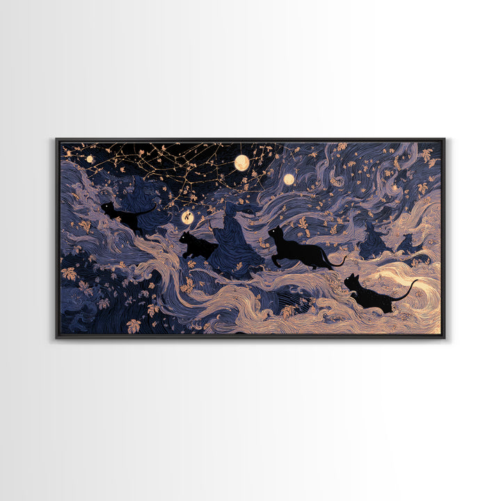 The Black Cat Constellation - Procession Scene, Occult Wall Decor, Wide Panoramic Art, Canvas Print, Halloween Home Decor, Gothic Wall Art