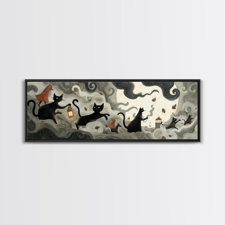 The Black Cat Constellation - Procession Scene, Gothic Home Decor, Extra Wide Wall Art, Canvas Print, Halloween Home Decor, Gothic Wall Art
