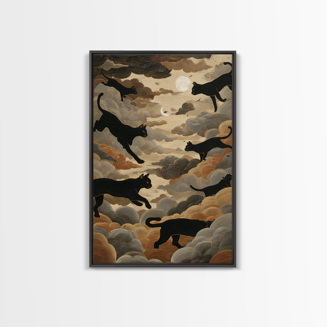 The Black Cat Constellation - Surreal Celestial Vision, Spooky Wall Decor, Vertical Wall Art, Framed Canvas Print, Halloween Home Decor