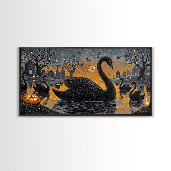 The Cemetery Swan Lake - Icon Portrait, Halloween Wall Art, Wide Panoramic Art, Framed Canvas Print, Halloween Home Decor, Gothic Wall Art