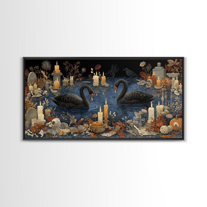 The Cemetery Swan Lake - Occult Still Life, Halloween Wall Art, Wide Panoramic Art, Framed Canvas Print, Halloween Home Decor