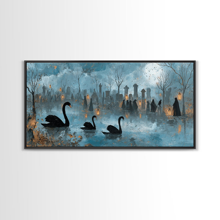 The Cemetery Swan Lake - Procession Scene, Spooky Wall Decor, Wide Panoramic Art, Framed Canvas Print, Halloween Home Decor, Gothic Wall Art