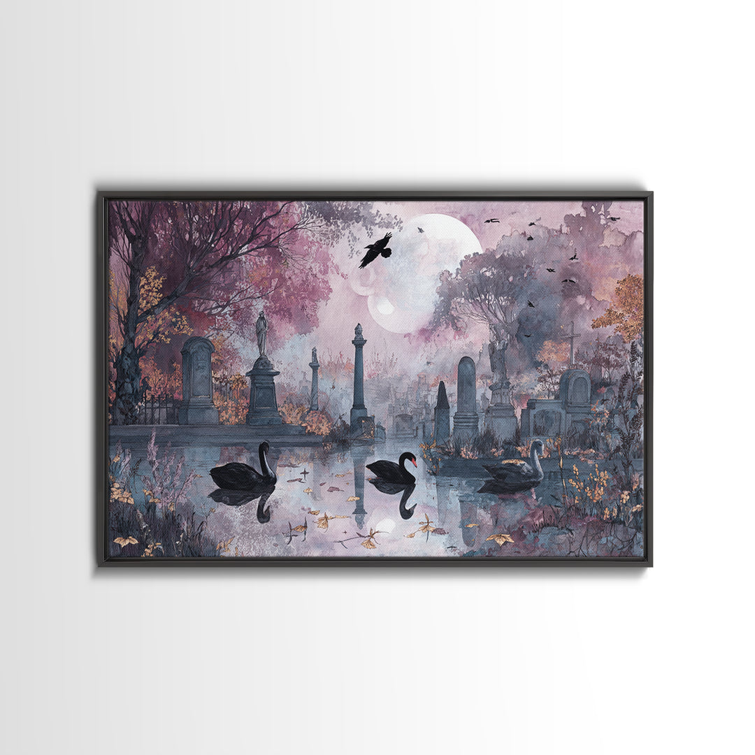 The Cemetery Swan Lake - Surreal Celestial Vision, Macabre Halloween Art, Landscape Wall Art, Framed Canvas Print, Halloween Home Decor