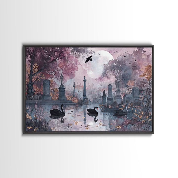 The Cemetery Swan Lake - Surreal Celestial Vision, Macabre Halloween Art, Landscape Wall Art, Framed Canvas Print, Halloween Home Decor
