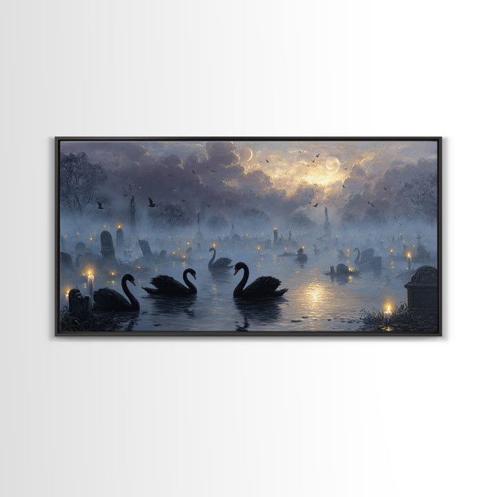 The Cemetery Swan Lake - Surreal Celestial Vision, Halloween Wall Art, Wide Panoramic Art, Framed Canvas Print, Halloween Home Decor