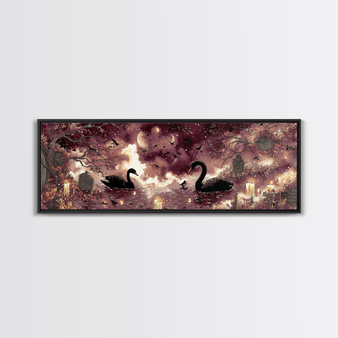 The Cemetery Swan Lake - Surreal Celestial Vision, Gothic Home Decor, Extra Wide Wall Art, Canvas Print, Halloween Home Decor