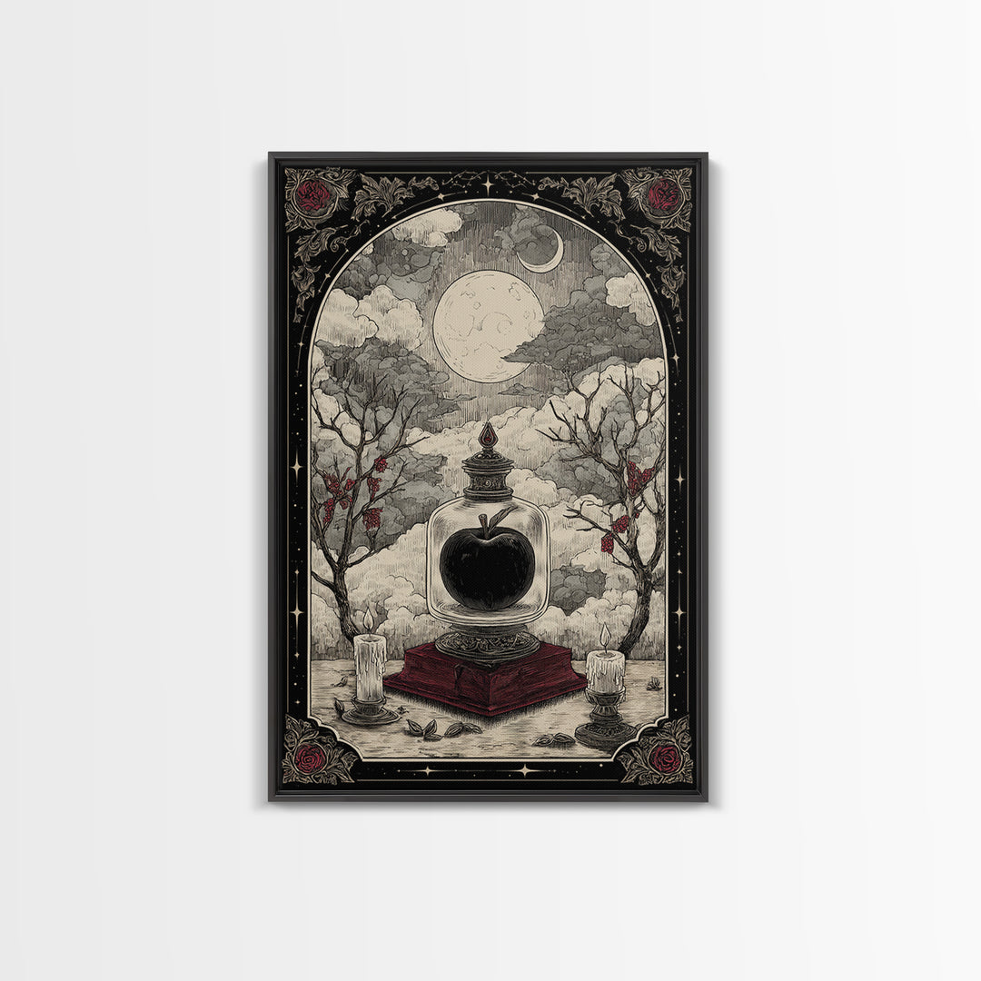 The Poison Apple Reliquary - Surreal Celestial Vision, Spooky Wall Decor, Vertical Wall Art, Framed Canvas Print, Halloween Home Decor