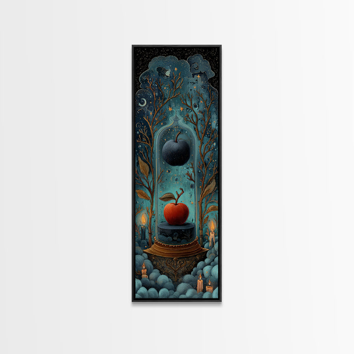 The Poison Apple Reliquary - Surreal Celestial Vision, Gothic Home Decor, Tall Narrow Wall Art, Canvas Print, Halloween Home Decor