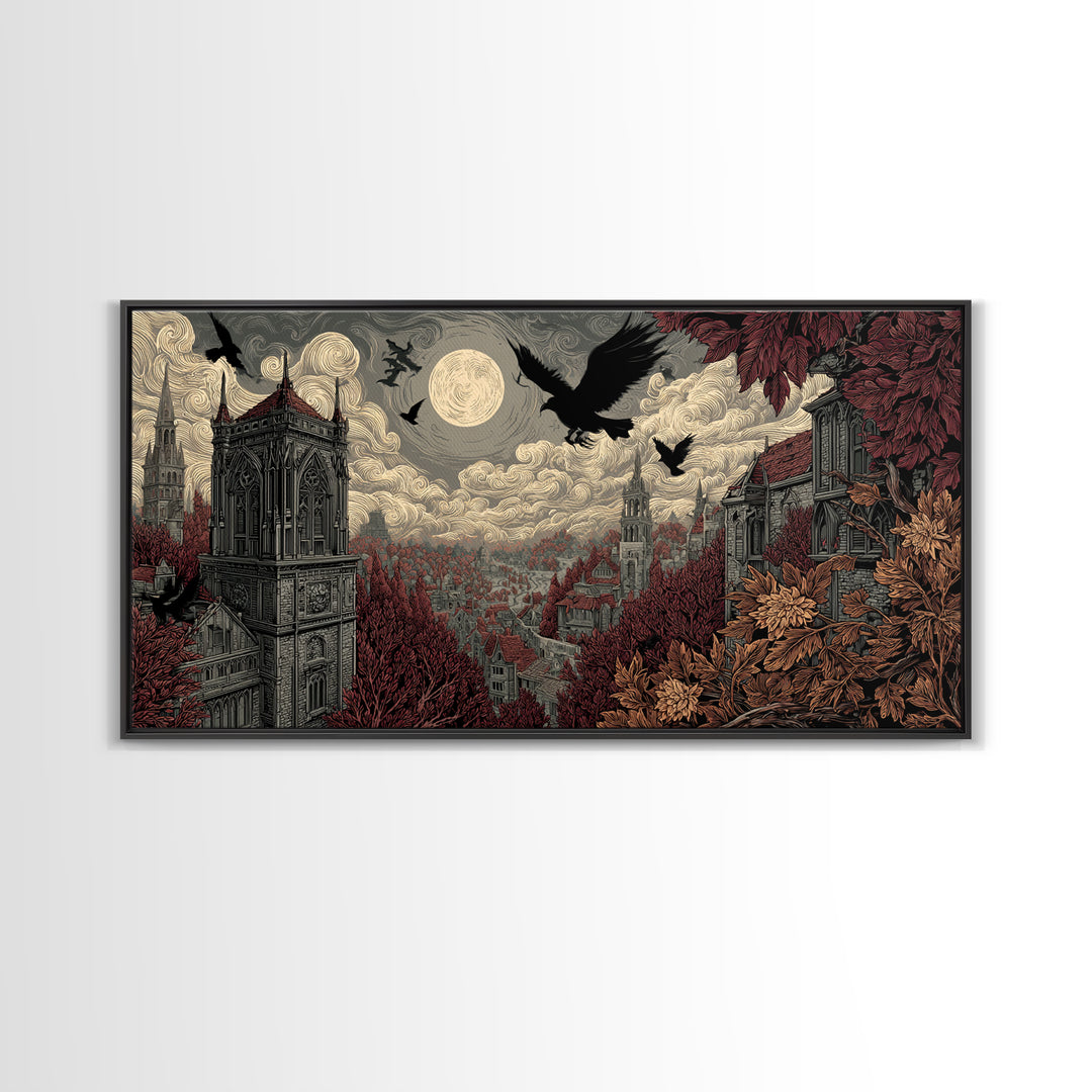 The Gargoyle Rooftop Choir - Environmental Panorama, Dark Fantasy Wall Art, Wide Panoramic Art, Canvas Print, Halloween Home Decor