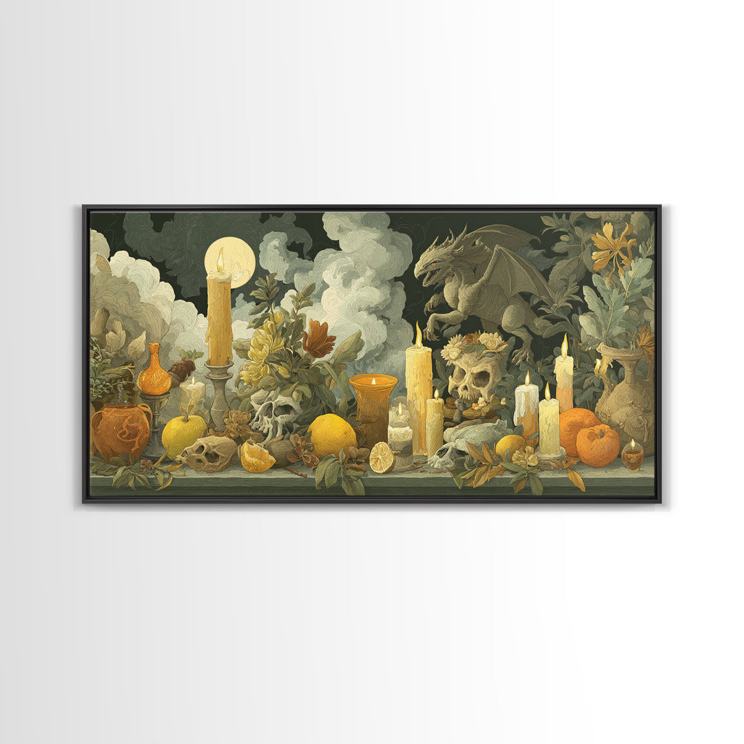 The Gargoyle Rooftop Choir - Occult Still Life, Gothic Home Decor, Wide Panoramic Art, Canvas Print, Halloween Home Decor, Gothic Wall Art