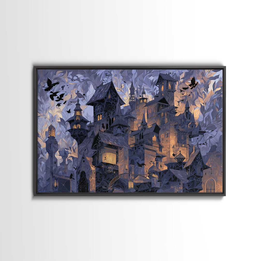 The Gargoyle Rooftop Choir - Procession Scene, Macabre Halloween Art, Landscape Wall Art, Framed Canvas Print, Halloween Home Decor