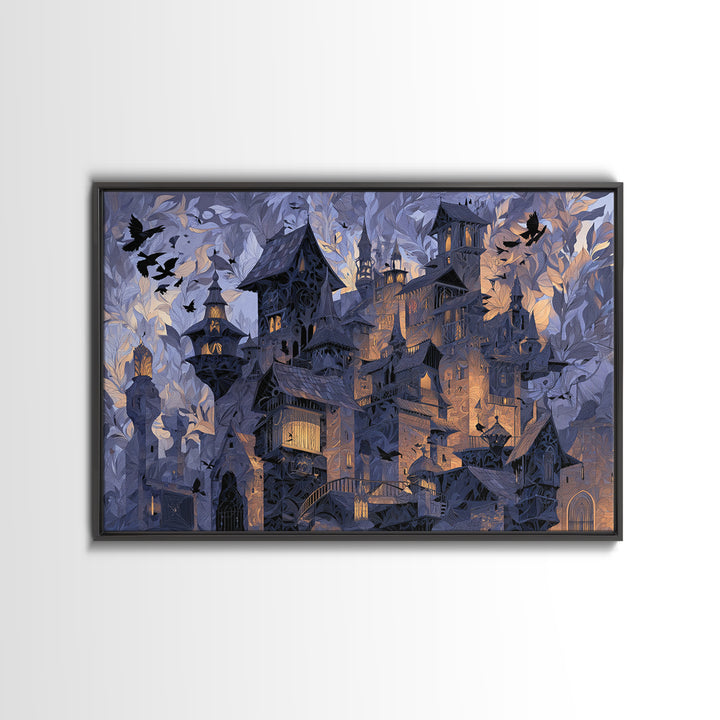 The Gargoyle Rooftop Choir - Procession Scene, Macabre Halloween Art, Landscape Wall Art, Framed Canvas Print, Halloween Home Decor