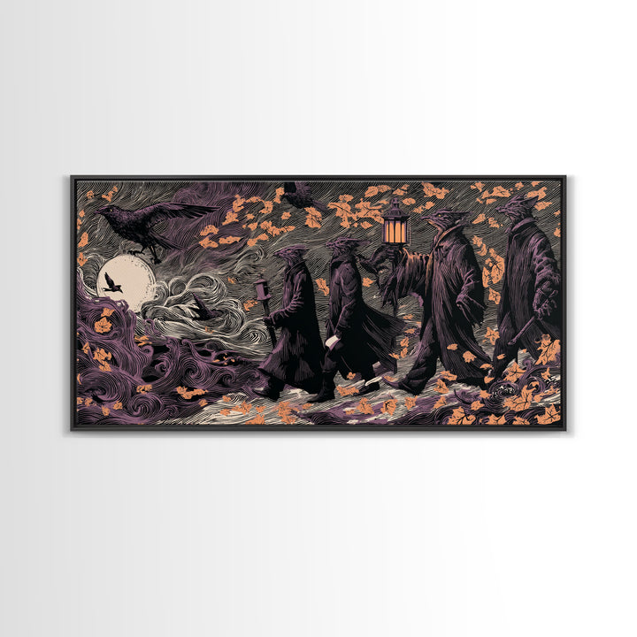 The Gargoyle Rooftop Choir - Procession Scene, Spooky Wall Decor, Wide Panoramic Art, Framed Canvas Print, Halloween Home Decor