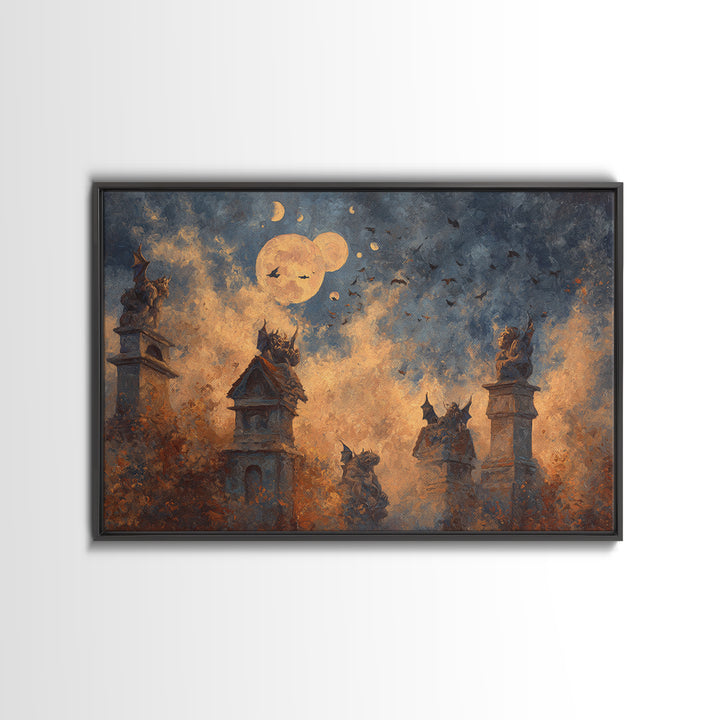The Gargoyle Rooftop Choir - Surreal Celestial Vision, Halloween Wall Art, Landscape Wall Art, Framed Canvas Print, Halloween Home Decor