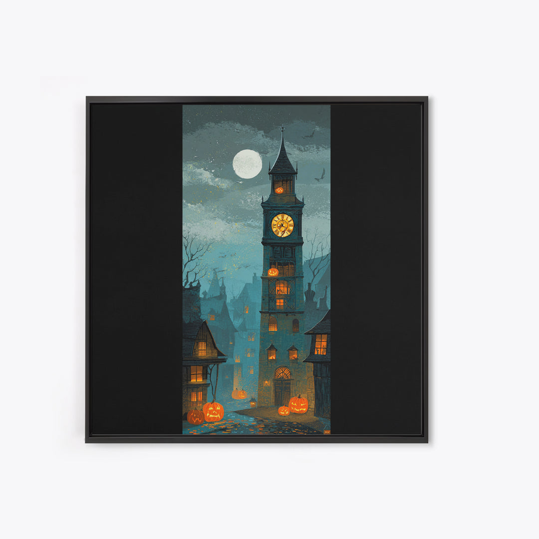 The October Clock Tower - Icon Portrait, Spooky Wall Decor, Square Wall Art, Framed Canvas Print, Halloween Home Decor, Gothic Wall Art