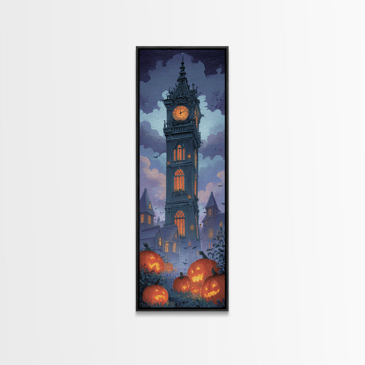 The October Clock Tower - Icon Portrait, Halloween Wall Art, Tall Narrow Wall Art, Framed Canvas Print, Halloween Home Decor