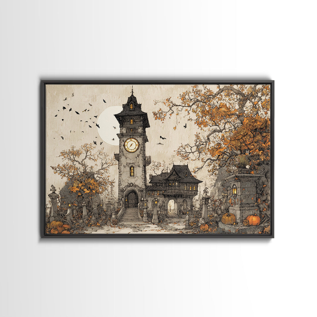 The October Clock Tower - Procession Scene, Dark Fantasy Wall Art, Landscape Wall Art, Canvas Print, Halloween Home Decor, Gothic Wall Art