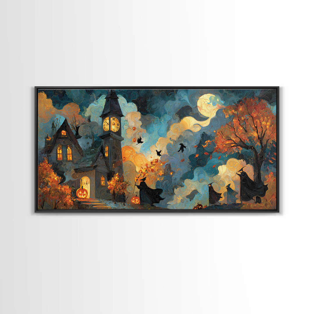 The October Clock Tower - Procession Scene, Halloween Wall Art, Wide Panoramic Art, Framed Canvas Print, Halloween Home Decor