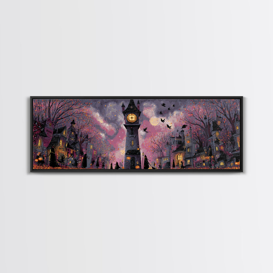 The October Clock Tower - Procession Scene, Gothic Home Decor, Extra Wide Wall Art, Canvas Print, Halloween Home Decor, Gothic Wall Art