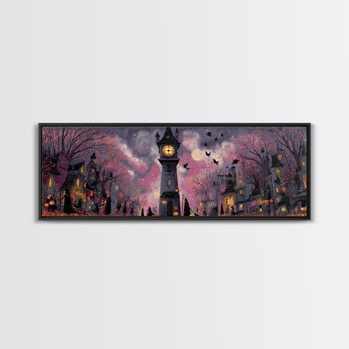 The October Clock Tower - Procession Scene, Gothic Home Decor, Extra Wide Wall Art, Canvas Print, Halloween Home Decor, Gothic Wall Art