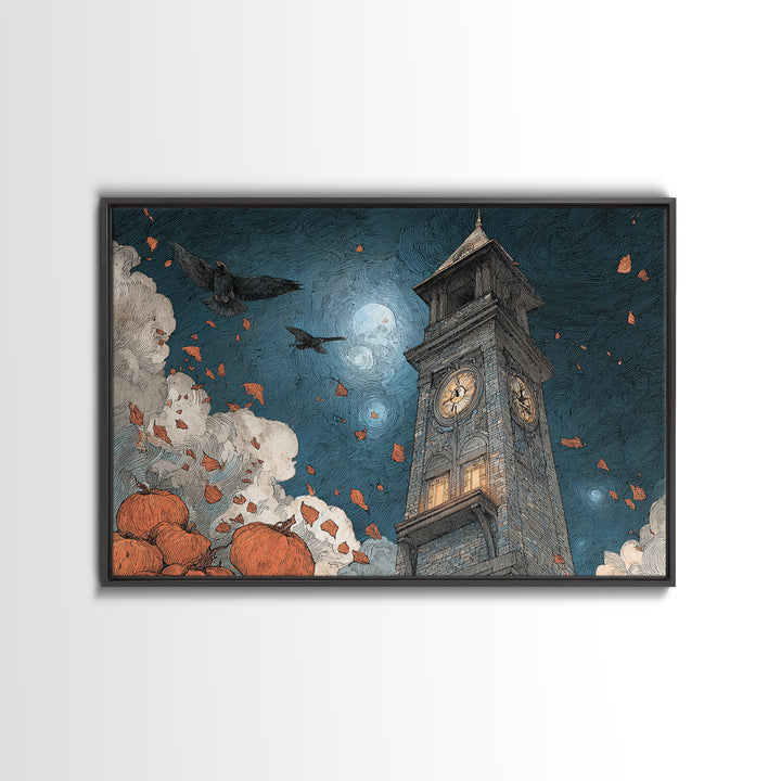 The October Clock Tower - Surreal Celestial Vision, Halloween Wall Art, Landscape Wall Art, Framed Canvas Print, Halloween Home Decor