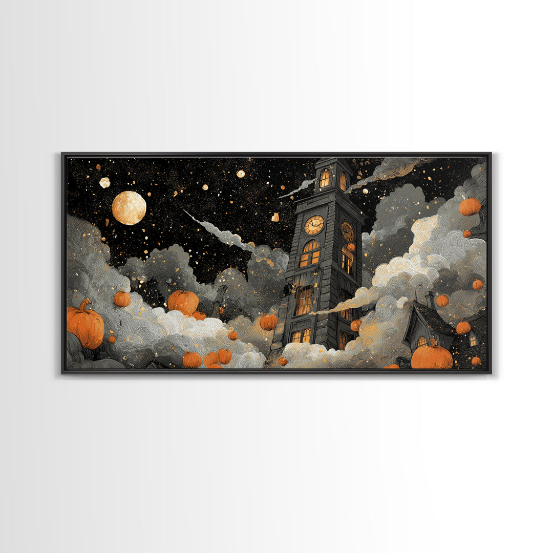 The October Clock Tower - Surreal Celestial Vision, Spooky Wall Decor, Wide Panoramic Art, Framed Canvas Print, Halloween Home Decor