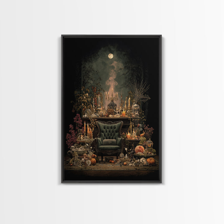 The Spider Queen Parlor - Occult Still Life, Spooky Wall Decor, Vertical Wall Art, Framed Canvas Print, Halloween Home Decor