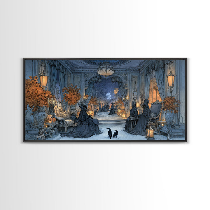 The Spider Queen Parlor - Procession Scene, Spooky Wall Decor, Wide Panoramic Art, Framed Canvas Print, Halloween Home Decor