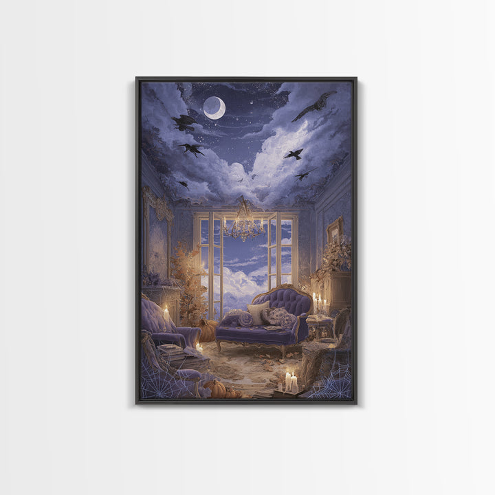 The Spider Queen Parlor - Surreal Celestial Vision, Macabre Halloween Art, Vertical Wall Art, Framed Canvas Print, Halloween Home Decor