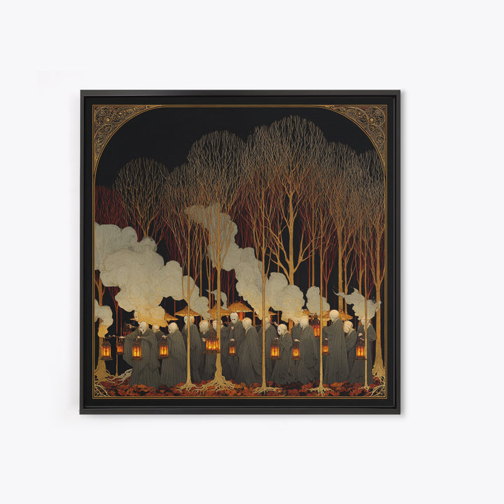 The Golden Funeral Procession - Icon Portrait, Spooky Wall Decor, Square Wall Art, Framed Canvas Print, Halloween Home Decor