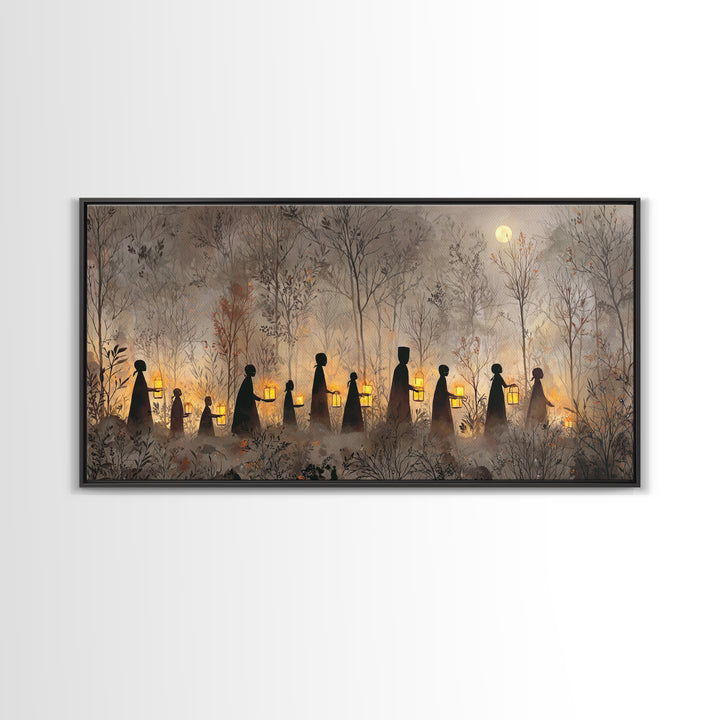 The Golden Funeral Procession - Icon Portrait, Macabre Halloween Art, Wide Panoramic Art, Framed Canvas Print, Halloween Home Decor