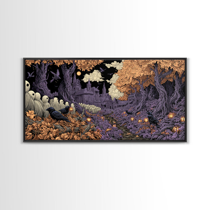 The Golden Funeral Procession - Environmental Panorama, Occult Wall Decor, Wide Panoramic Art, Canvas Print, Halloween Home Decor