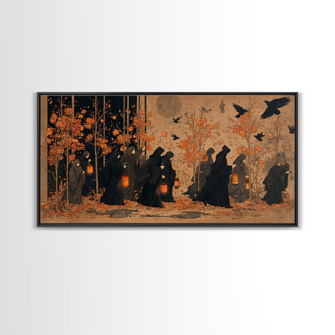 The Golden Funeral Procession - Procession Scene, Spooky Wall Decor, Wide Panoramic Art, Framed Canvas Print, Halloween Home Decor