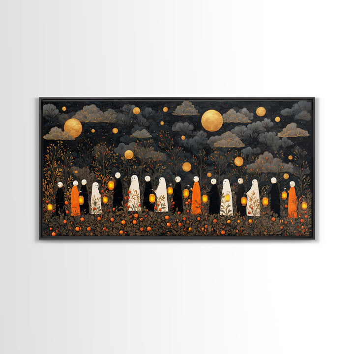 The Golden Funeral Procession - Surreal Celestial Vision, Dark Fantasy Wall Art, Wide Panoramic Art, Canvas Print, Halloween Home Decor